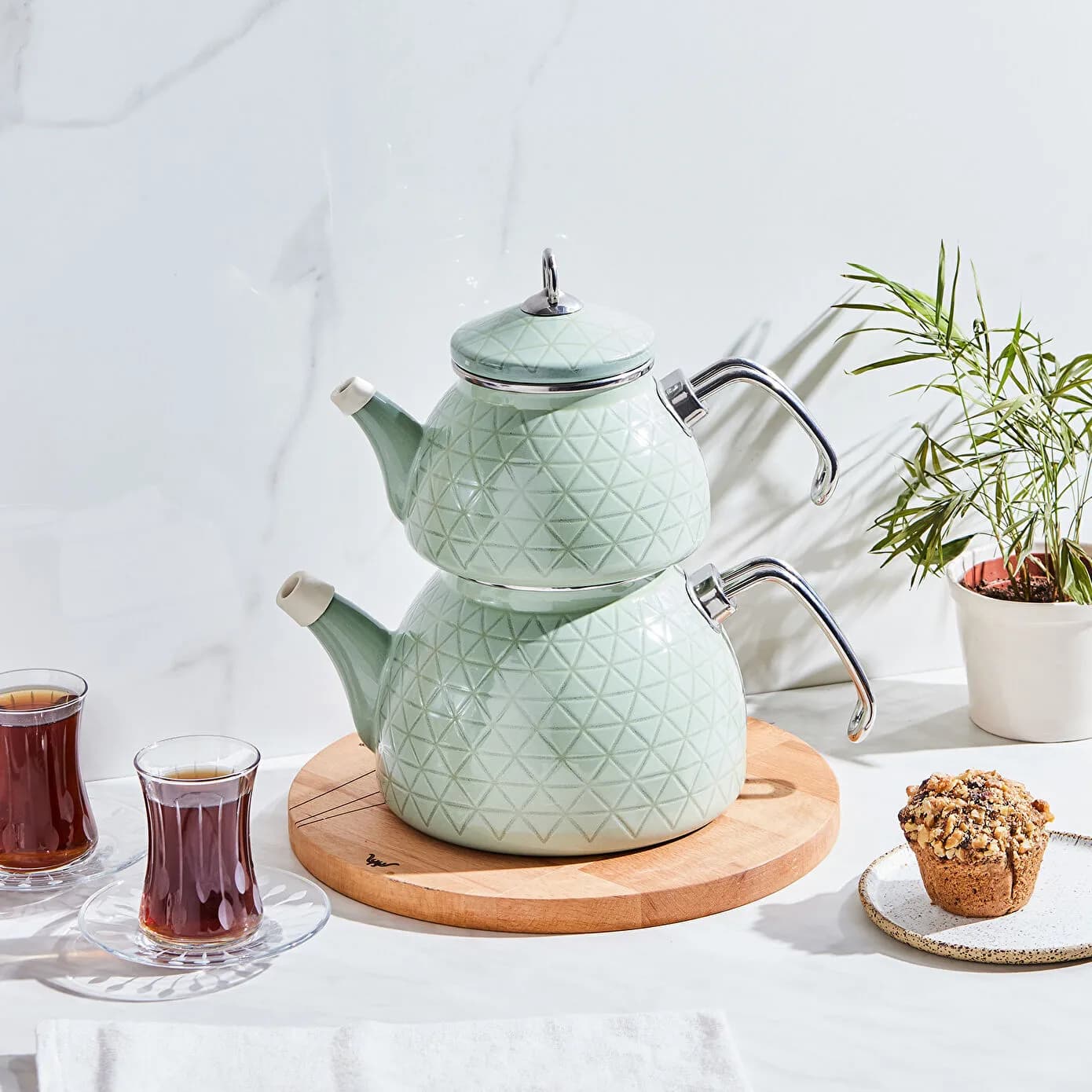 Karaca Kristal Yeşil İndüksiyon Tabanlı Emaye Midi Çaydanlık Takımı 1,1L & 2,3L