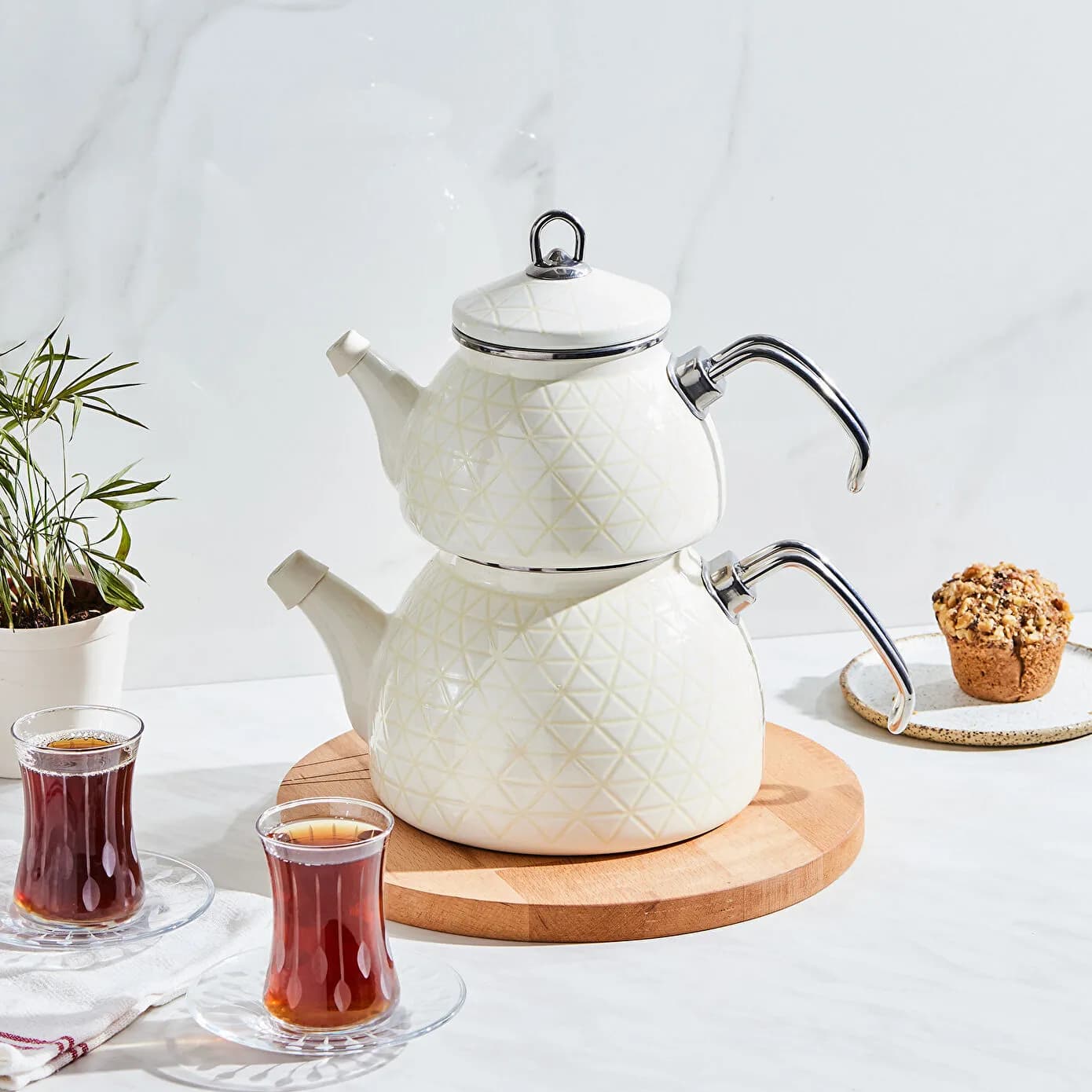 Karaca Kristal Krem İndüksiyon Tabanlı Emaye Midi Çaydanlık Takımı 1,1L & 2,3L