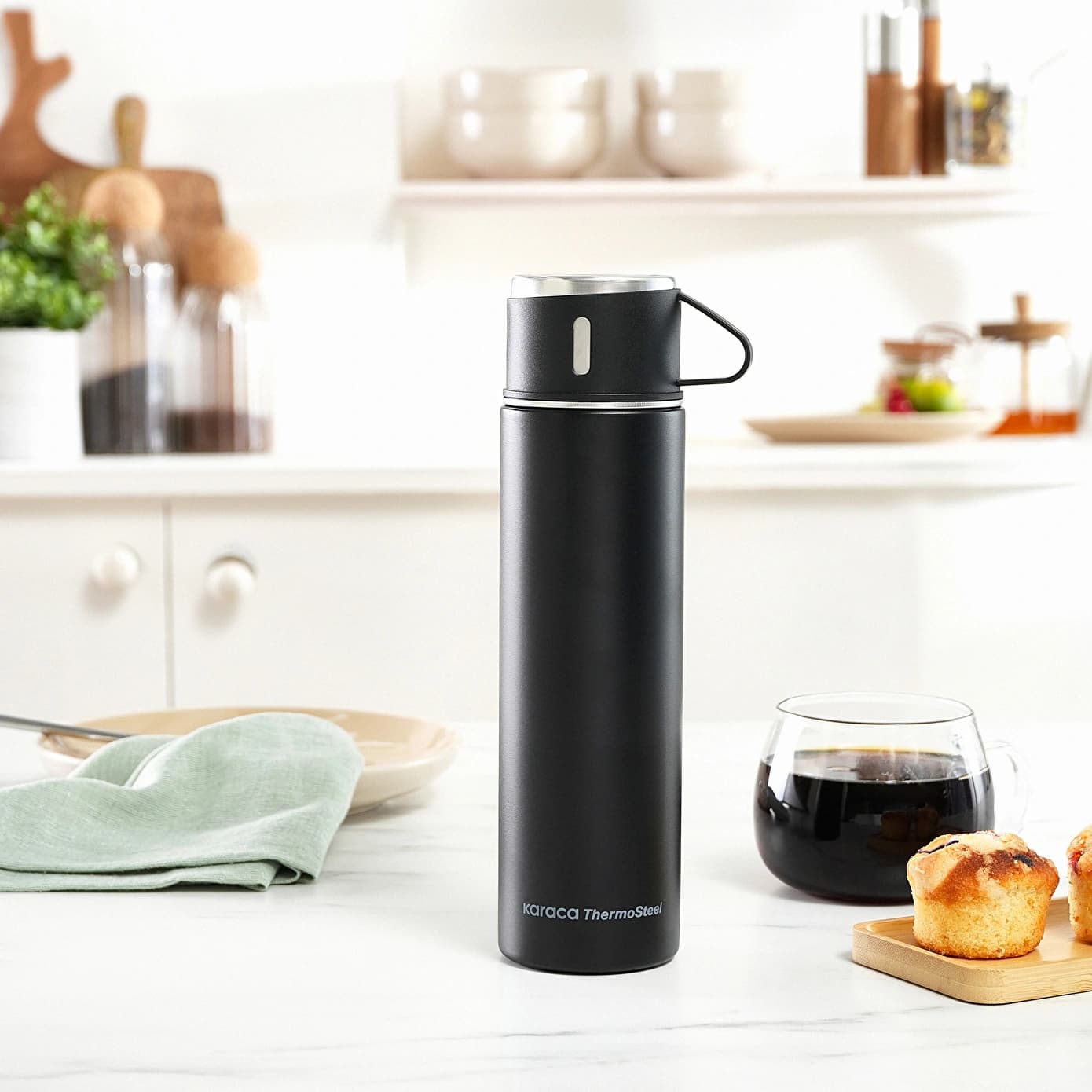 Karaca Thermosteel Nature Bardaklı Çelik Sızdırmaz Termos Siyah 550 ml