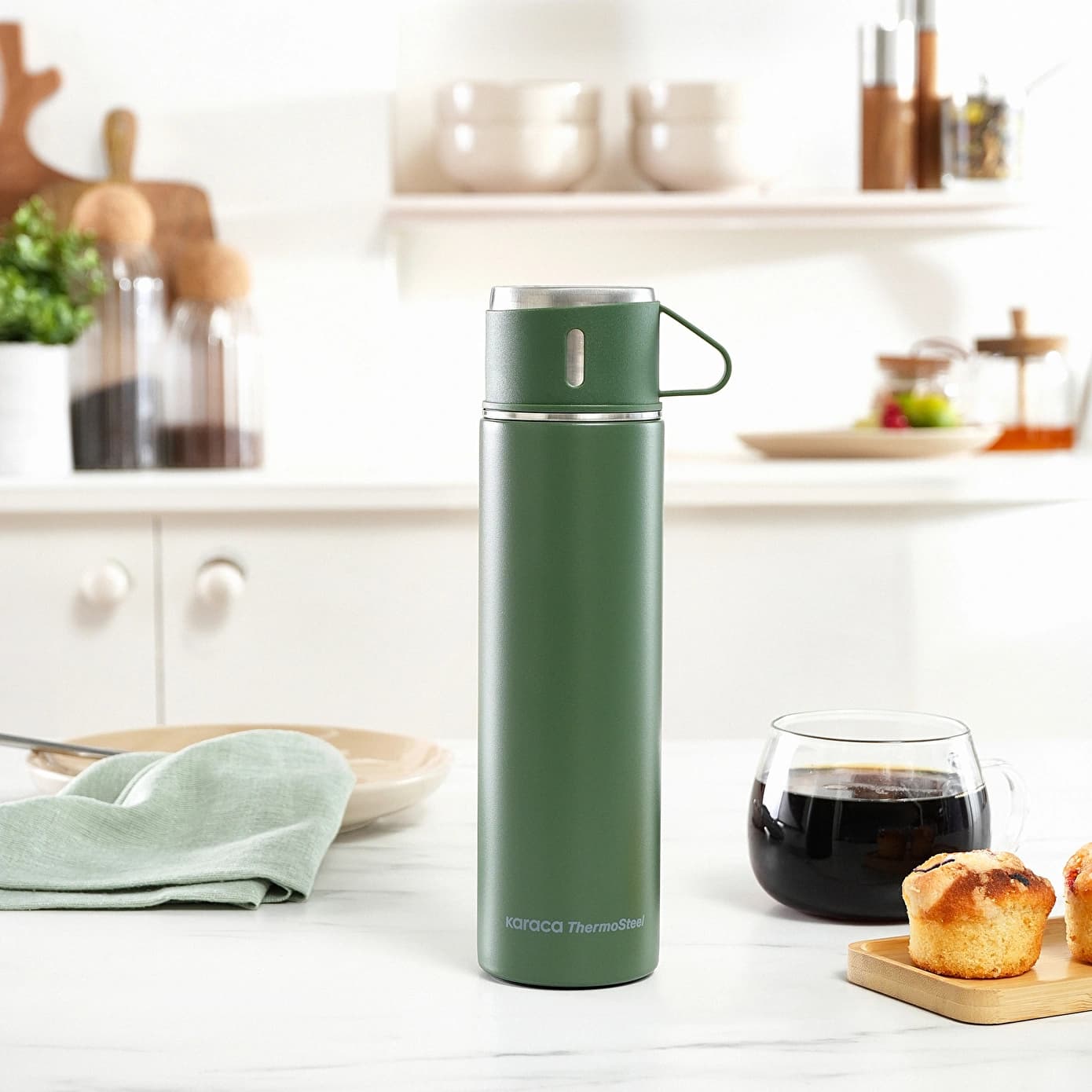 Karaca Thermosteel Nature Bardaklı Çelik Sızdırmaz Termos Haki 500 ml