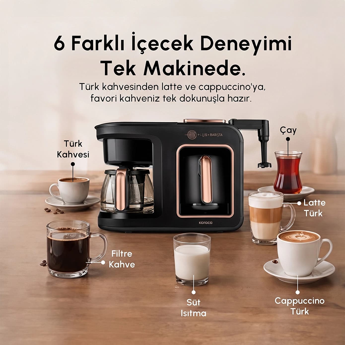Karaca Hatır Plus Barista 6 in 1 Latte Cappuccino ve Közde Türk Kahve Makinesi Black Copper
