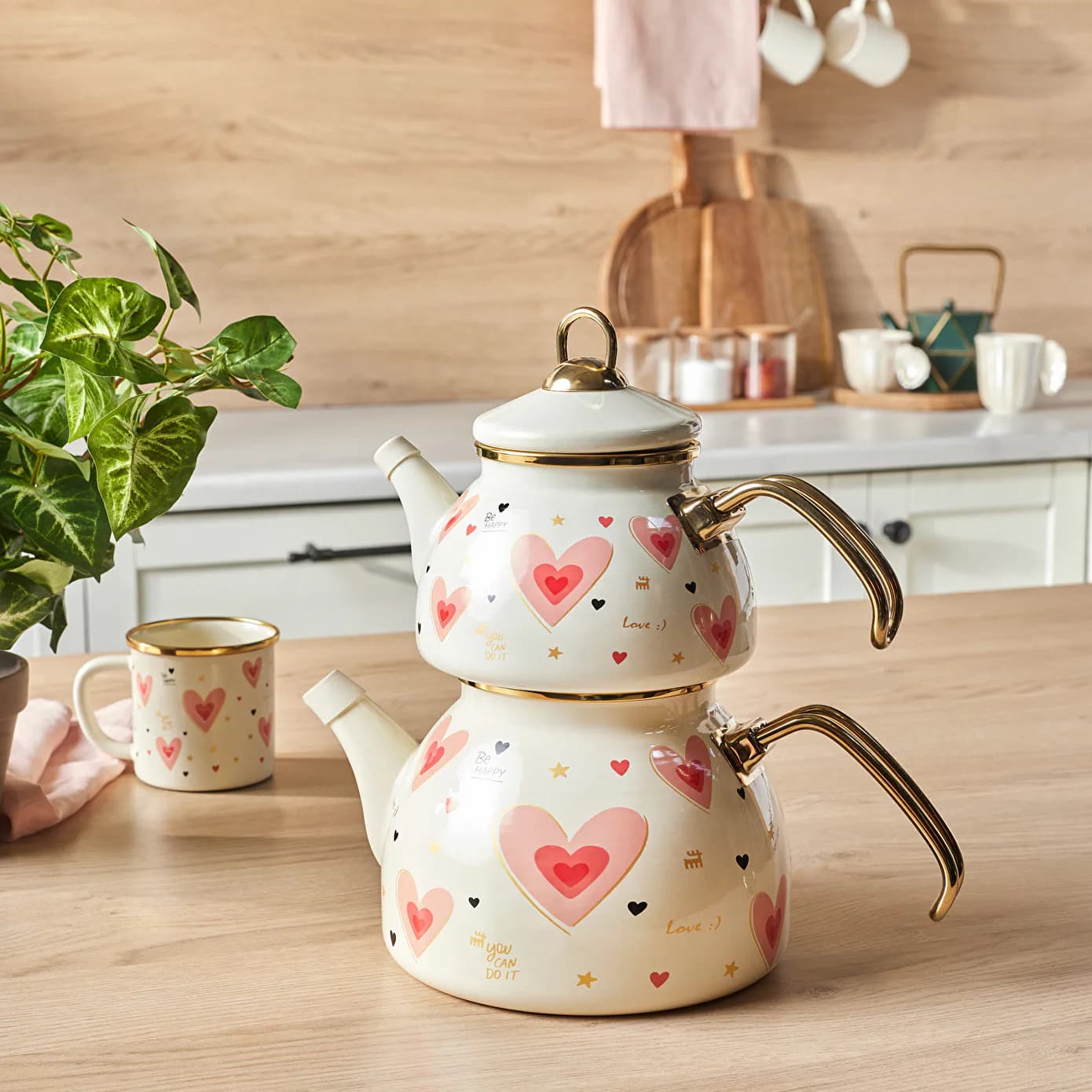 Karaca Pink Love Emaye Midi Çaydanlık Takımı 1,1L & 2L