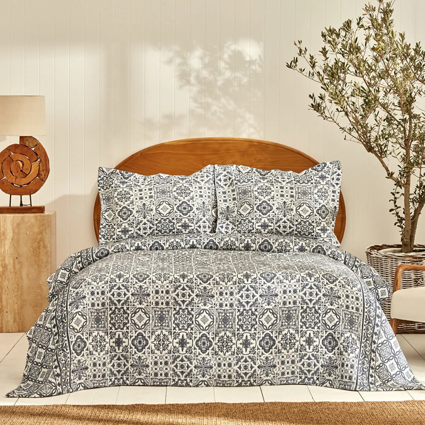 Karaca Home Tiles Çift Kişilik Yatak Örtüsü Mavi