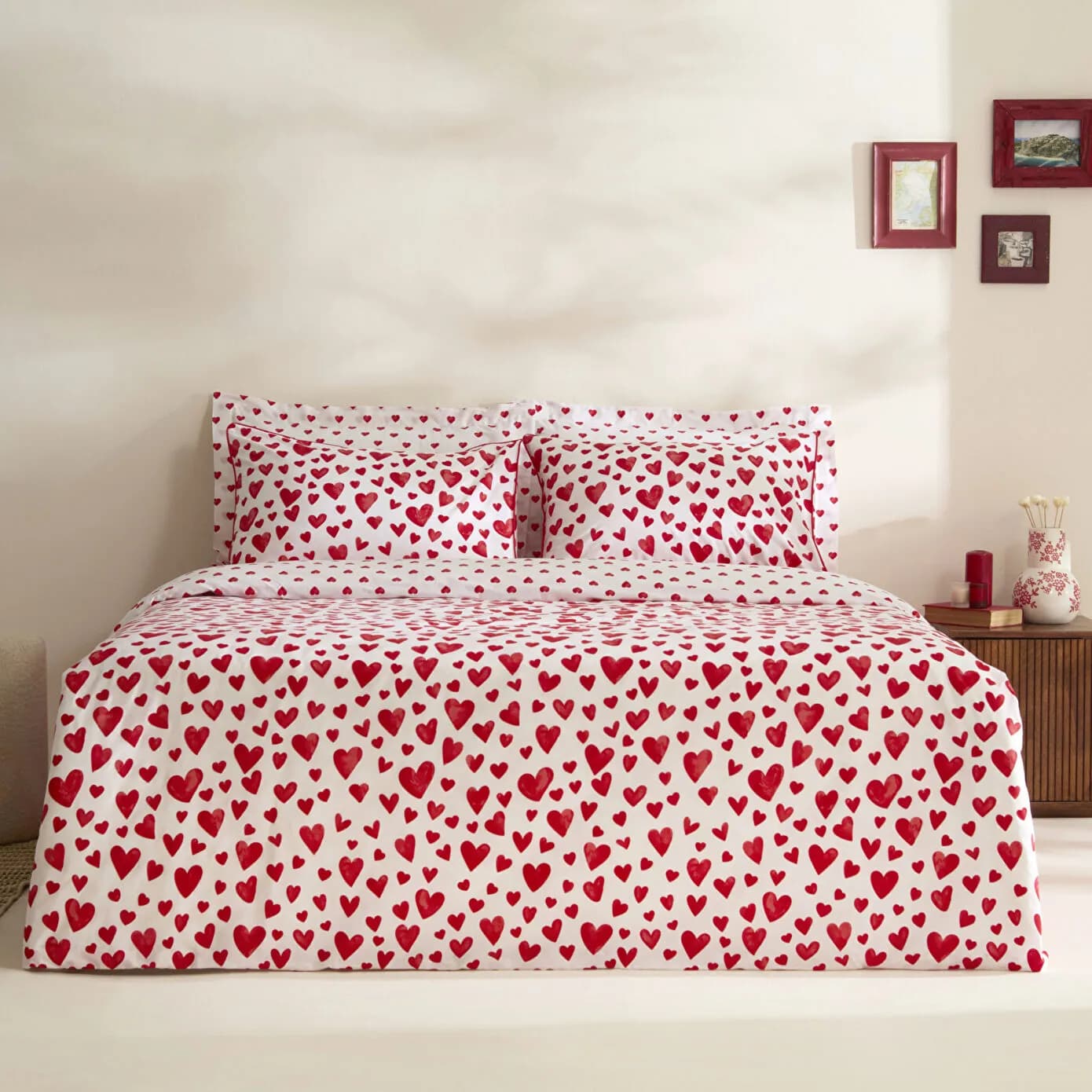Karaca Home Amour Bliss Kalp Desenli %100 Pamuk Çift Kişilik Nevresim Takımı Kırmızı