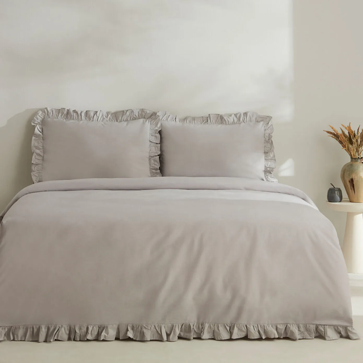 Karaca Home Pure Ruffle %100 Pamuk Çift Kişilik Fırfırlı Nevresim Takımı Açık Gri