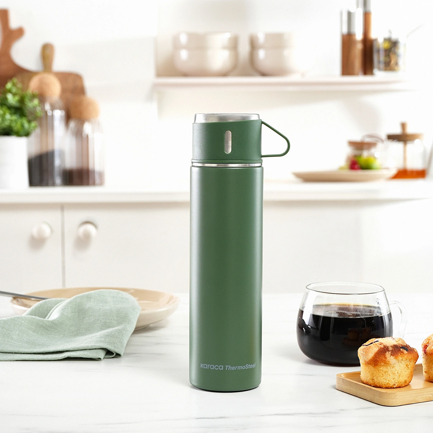 Karaca Thermosteel Nature Bardaklı Çelik Sızdırmaz Termos Haki 500 ml